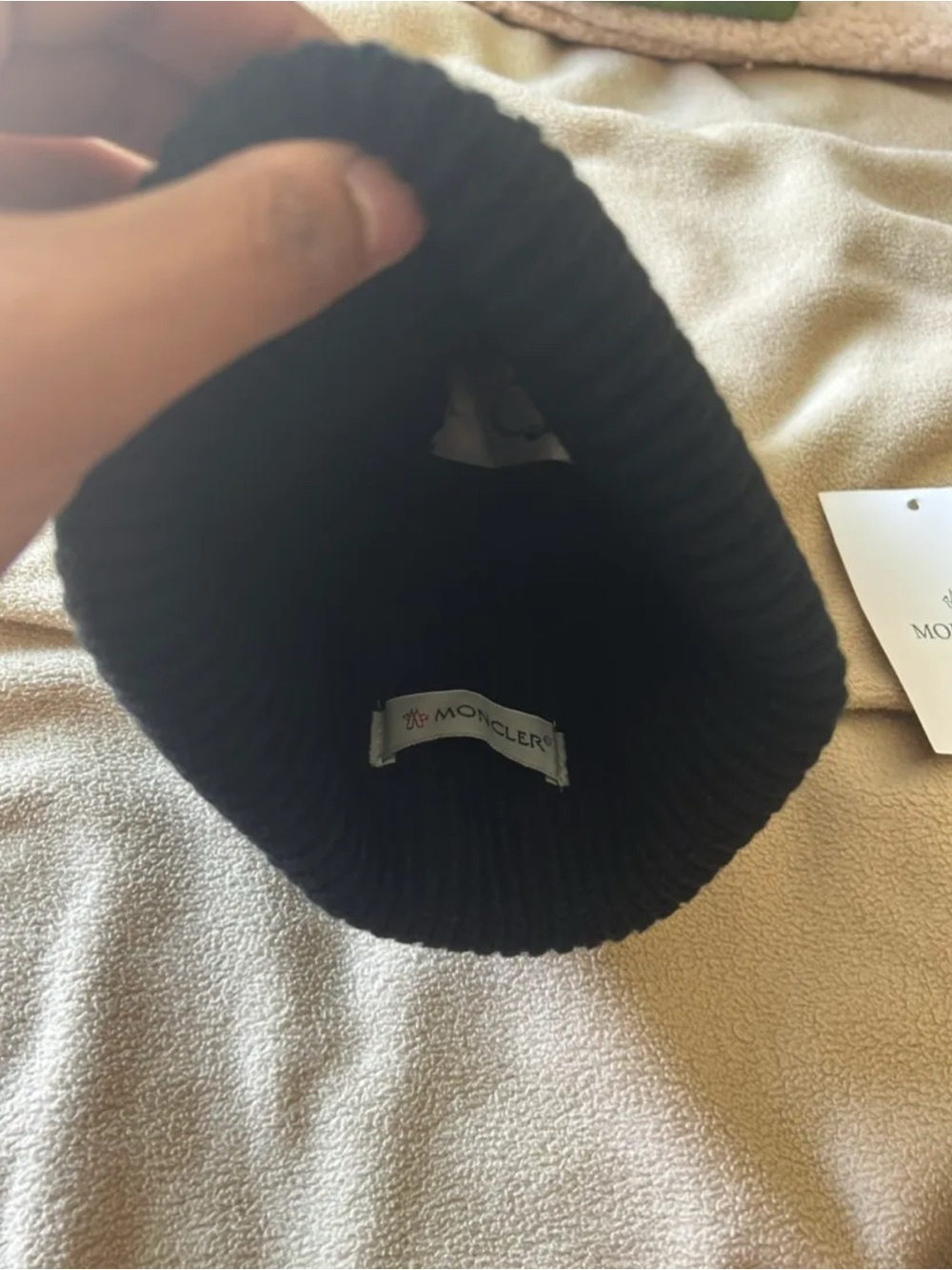 Moncler Black Ribbed Cuff Beanie with Logo Patch - Picture 2 of 4